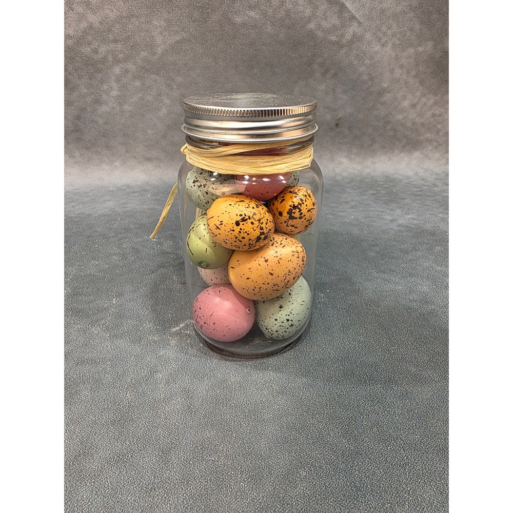 Speckled Easter Egg Decorative Filler in Glass Mason Jar with Raffia Bow 6.5in